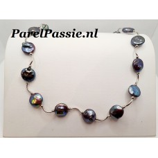 Parelketting grote zwarte zoetwaterparels muntvorm 11mm -13mm 46 - 49cm echte  ..