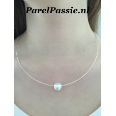 Zuidzeeparel 11mm aan kabelcollier met bajonetslot witte zoutwater zilver 42 of 45cm   y