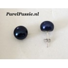 Pareloorknoppen blauwe  / zwart 10mm zoetwater parels  zilver 925   y